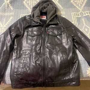 Levi's Black Leather Jacket with Gray Hood
